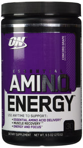 Bouteille Optimum Nutrition Essential Amino Energy Concord Grape prête pour l'entraînement.