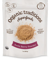 Organic Traditions Amla Poudre emballage bio 200 g prêt pour smoothies.