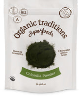 Organic Traditions Poudre chlorella 150 g prête pour smoothies riches en nutriments.