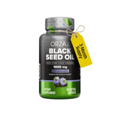 ORZAX huile de graines noires en bouteille, soutien potentiel pour cheveux et peau.