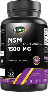 Oxify MSM 1500 mg bouteille de 180 comprimés prête pour votre routine.