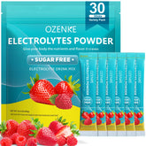 Sachets électrolytes OZENKE fraise-framboise pour hydratation rapide.