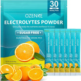 OZENKE Pochettes électrolytes orange pour hydratation rapide en déplacement.