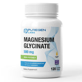 P Puregen Labs Magnesium Glycinate 500mg — bouteille élégante et absorption potentielle élevée.