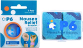 Bracelet P6 Health anti-nausée bleu porté au poignet pour le confort en voyage.