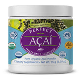 Poudre d'acai Perfect Supplements dans un pot fermé, riche en antioxydants potentiels.