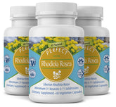 Perfect Supplements Rhodiola Rosea – bouteille qui verse, énergie naturelle et concentration.