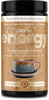 Perk Energy Original Tan Mocha Latte poudre emballage pratique et compacte