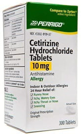 Perrigo cetirizine comprimés 10 mg en boîte, soulagement possible des éternuements