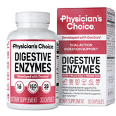 Physician's CHOICE Digestive Enzymes – bouteille affichant l'emballage, soutien après repas.