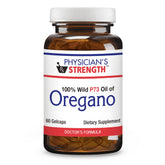Physician’s Strength gelcaps d’origan sauvage près de la bouteille, usage quotidien pratique.