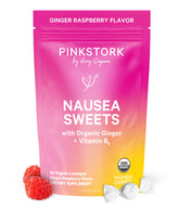 Pink Stork bonbons bio gingembre framboise emballage pratique pour le confort digestif potentiel.