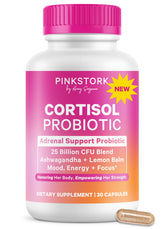 Vue de la bouteille Pink Stork Cortisol Probiotic et capsules, soutien potentiel du stress et de l'énergie.