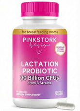 Pink Stork Lactation Probiotics en bouteille, soutien potentiel à la digestion postnatale.