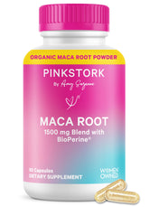 Pink Stork Maca Root – Bouteille de capsules, soutien potentiel à l’équilibre hormonal et énergie quotidienne.