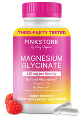 Pink Stork Magnesium Glycinate avec Vitamine D - bouteille prête pour votre routine bien-être.