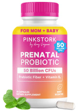 Pink Stork Probiotique prénatal en bouteille menthe pour digestion en douceur.