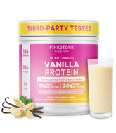 Pink Stork Protéine femmes vanille, portion idéale de 15 scoops pour soutien musculaire quotidien.