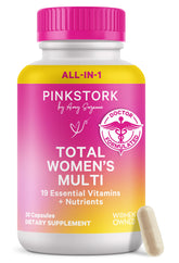 Pink Stork Total Women's Multivitamin — bouteille UV-protégée préservant les nutriments.