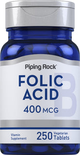 Piping Rock Acide Folique - bouteille affichant la dose quotidienne de 400 mcg.
