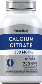 Piping Rock Calcium Citrate avec D3 – bouteille de caplets prête à la prise quotidienne.