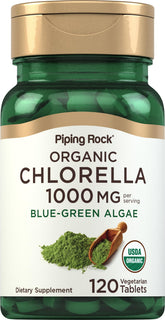 Piping Rock Chlorella tablettes 1000 mg, algue bleu-vert, apport quotidien possible.