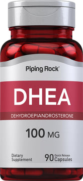 Piping Rock DHEA, bouteille 90 capsules, dosage 100 mg par capsule, pratique.