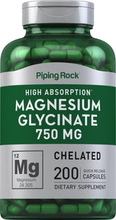 Piping Rock magnésium glycinate 750 mg, bouteille prête à l'usage quotidien.