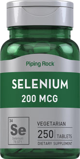 Piping Rock Selenium 200mcg, flacon-tablettes, usage quotidien pour compléter l'apport nutritionnel.