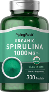 Piping Rock Spiruline organique tablettes 1000mg, apport nutritionnel quotidien.