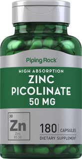 Piping Rock Zinc Picolinate 50mg - bouteille visible, soutien potentiel au mode de vie sain.