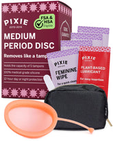 Pixie Cup Disc emballage clair montrant l’option d’essai sans tampon.