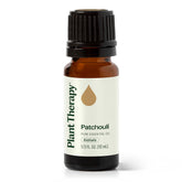 Plant Therapy Patchouli – flacon d'huile essentielle au parfum boisé idéal pour les soins quotidiens.