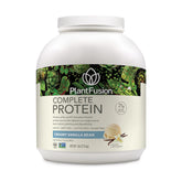 PlantFusion protéine vegan en pot vanille, riche en protéines végétales pour les shakes.