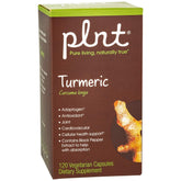 PLNT Turmeric: emballage et étiquette clairs présentant le produit et ses avantages potentiels.