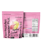 PowderVitamin Electrolytes Poudre Plus dans un verre d’eau, hydratation rafraîchissante framboise-citron.
