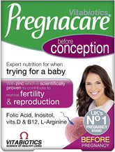 Pregnacare Conception – boîte avec comprimés et capsules, soutien nutritionnel potentiel avant conception.