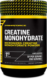 Primaforce Creatine Monohydrate, poudre micronisée en bouteille pour une utilisation pratique.