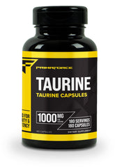 Primaforce Taurine 1000 mg, flacon en gros plan, énergie potentielle pour l’entraînement.