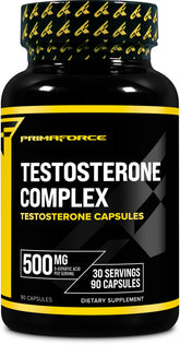 Primaforce Testosterone Complex: bouteille-capsules montrant les capsules, potentiel d'énergie quotidienne.