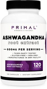 Primal Ashwagandha: bouteille montrant l'extrait pour soutien bien-être quotidien.