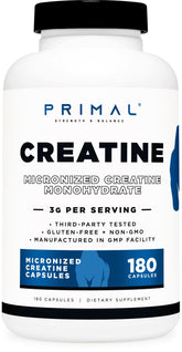 Bouteille Primal Creatine Monohydrate avec 180 capsules, énergie pour l’entraînement.