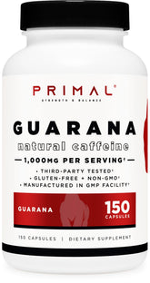 Bouteille Primal Guarana de 150 capsules pour énergie quotidienne et concentration.