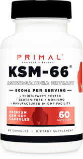 Primal KSM-66 Ashwagandha Complex: bouteille de 60 gélules avec absorption optimisée.
