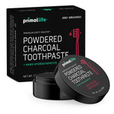 Primal Life Organics emballage poudre dentifrice charbon actif, routine buccale naturelle.