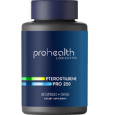 ProHealth pterostilbene, capsules dans une bouteille, soutien potentiel à la vitalité quotidienne.