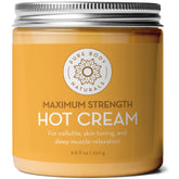 Pure Body Naturals Max Strength Hot Cream, bouteille et texture chauffante pour un massage réconfortant.