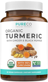 Pure Co: bouteille curcuma-gingembre-poivre-noir, pratique pour une routine quotidienne et absorption améliorée.