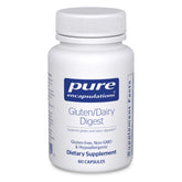 Pure Encapsulations Gluten/Dairy Digest — bouteille avec étiquette, soutien potentiel à la digestion après les repas.