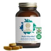 Pure Synergy Multi Vitamine : bouteille ouverte, soutien énergie naturelle quotidienne.